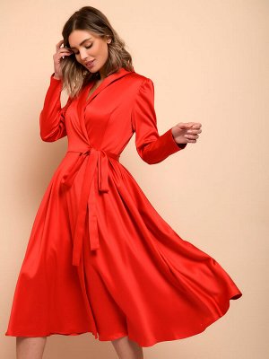 1001 Dress Платье красное длины миди с объемными плечами и длинными рукавами