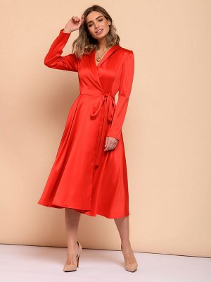 1001 Dress Платье красное длины миди с объемными плечами и длинными рукавами