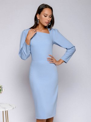 Платье голубое длины миди с асимметричным воротом и длинными рукавами