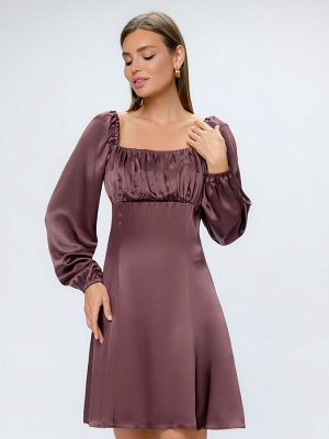 Платье коричневое длины мини с пышными рукавами и прямоугольным вырезом