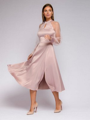 Платье цвета пыльной розы длины миди с объемными рукавами и воротником-стойкой