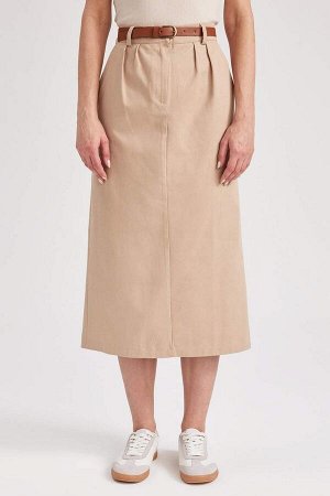 Габардиновая юбка миди с нормальной талией, поясом и разрезом, 100 % хлопок