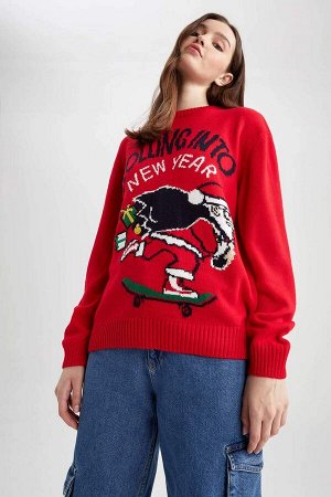 DEFACTO Красный свитер с круглым вырезом в новогодней тематике