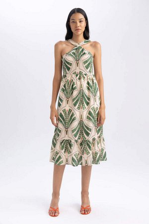 Платье макси из вуали с перекрестным воротником и тропическим узором