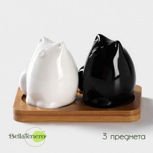 Набор фарфоровый для специй на бамбуковой подставке BellaTenero «Котики», 3 предмета: солонка, перечница, подставка, цвет белый и чёрный