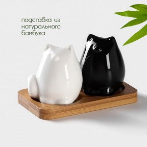Набор фарфоровый для специй на бамбуковой подставке BellaTenero «Котики», 3 предмета: солонка, перечница, подставка, цвет белый и чёрный