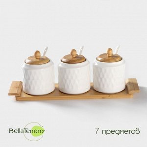 Банки для сыпучих продуктов BellaTenero «Тюльпан», 300 мл, с ложками, на бамбуковой подставке, фарфор, белые