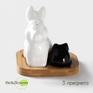 Набор фарфоровый для специй на деревянной подставке BellaTenero «Зайцы», 3 предмета: солонка 50 мл, перечница 20 мл, подставка, цвет белый и чёрный