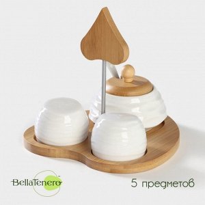 Набор для специй BellaTenero, 5 предметов: солонка 80 мл, перечница 80 мл, сахарница с ложкой 170 мл, на бамбуковой подставке, фарфор, белый