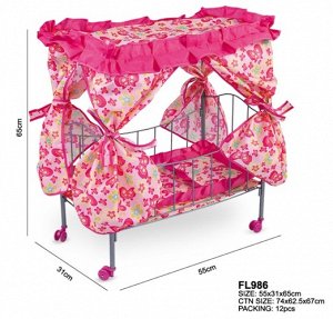 Хт8382 FL986--Кроватка для кукол с балдахином, на колесиках, кор.