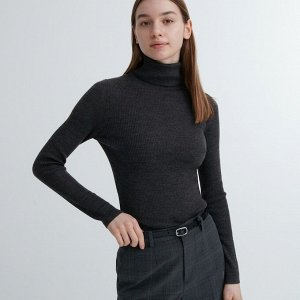 UNIQLO - свитер с высоким воротником в рубчик - 09 BLACK