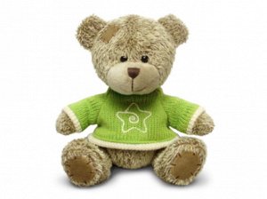 190977--Мягк. игрушка Медвежонок лохматый в зеленом свитере муз.18см