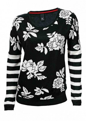 1к Heine - Best Connections  Пуловер, черно-белый  Хит моды! Волшебный пуловер с благородным цветочным жаккардовым рисунком и полосками. Однотонный черный сзади. Слегка широкие плечи, длинные рукава. 