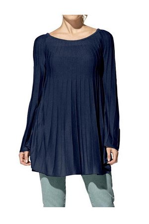 1к Heine - Best Connections  Пуловер, темно-синий  Красивый плиссерованный образ из модного трикотажа. Подчеркивающий фигуру силуэт с большим вырезом и расклешенным кантом. Длина ок. 72 см. Мягкий бла