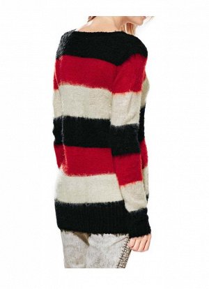 1к Mandarin  Пуловер, черно-красно-белый  Пушистый стиль и образ в полоску. Угловатый вырез, длинные рукава. Подчеркивающая фигуру форма. Длина ок. 68 см. Мягкий материал из 100% полиакрила.