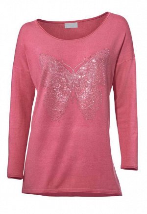 1к Linea Tesini  Пуловер, розовый  Дизайнерский пуловер широкой формы с бабочками из разноцветных камней. Круглый вырез и кант роликом. Широковатые плечи, длинные рукава с краями роликом. Обрамляющая 