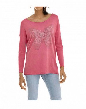 1к Linea Tesini  Пуловер, розовый  Дизайнерский пуловер широкой формы с бабочками из разноцветных камней. Круглый вырез и кант роликом. Широковатые плечи, длинные рукава с краями роликом. Обрамляющая 