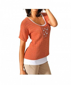 1к Linea Tesini  Пуловер, оранжевый  Дизайнерский шик с магическим действием. Соблазнительный пуловер с эффектным ажуром. Ажурные цветы под декольте. Края резиночной вязкой. Длина ок. 60 см. Обрамляющ