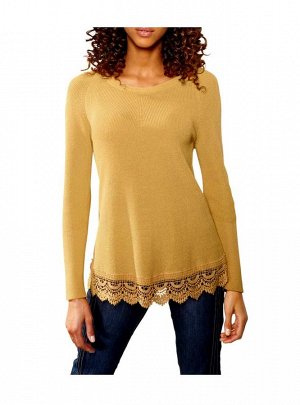 1к Linea Tesini  Пуловер, желтый  Изысканные детали и модный стиль. Красивый дуэт пуловера и шарфа. Можно носить вместе и по отдельности. Удлиненный пуловер с кружевом по канту. Рукава реглан. Длина о