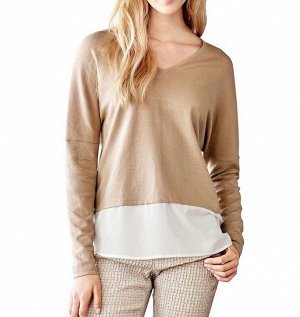 1к Travel Couture by Heine  Пуловер, песочный  Невероятно модно. Образ 2 в 1 с самой лучшей стороны. Благородный трикотажный пуловер с контрастной блузочной вставкой. Треугольный вырез. Обрамляющий фи