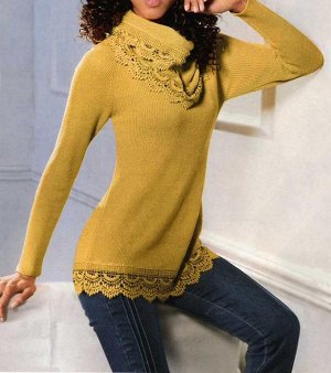 1к Linea Tesini  Пуловер, желтый  Изысканные детали и модный стиль. Красивый дуэт пуловера и шарфа. Можно носить вместе и по отдельности. Удлиненный пуловер с кружевом по канту. Рукава реглан. Длина о
