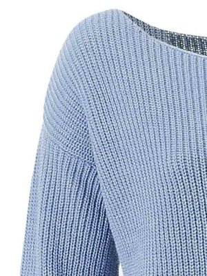1к Linea Tesini  Пуловер, голубой  Непринужденный образ с дизайнерской душой. Привлекательная основа с большим овальным вырезом и широковатыми плечами. Края резиночной вязкой. Непринужденная прямая фо