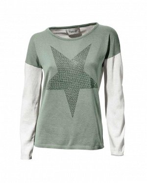 1к Heine  Пуловер, хаки  Модный пуловер актуальной формы с широковатыми плечами. Рисунок со звездами из маленьких серебристых камней. Подходящая по цвету спинка. Длина ок. 64 см. Удобный трикотаж из 1
