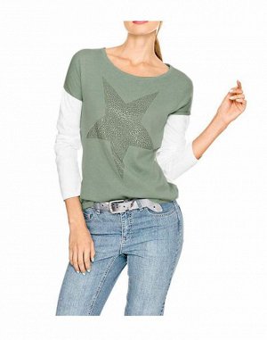 1к Heine  Пуловер, хаки  Модный пуловер актуальной формы с широковатыми плечами. Рисунок со звездами из маленьких серебристых камней. Подходящая по цвету спинка. Длина ок. 64 см. Удобный трикотаж из 1