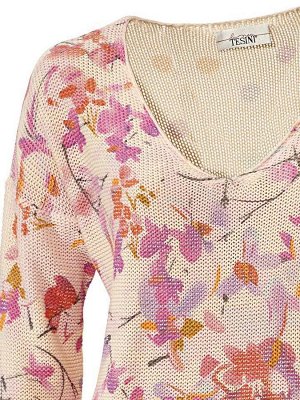 1к Linea Tesini  Пуловер, пестрый  Трикотажный пуловер и красивый рисунок. Цветочный рисунок спереди и рисунок в горошек сзади. Угловатый вырез с краем роликом. Рукава до локтей и кант узкий резиночно