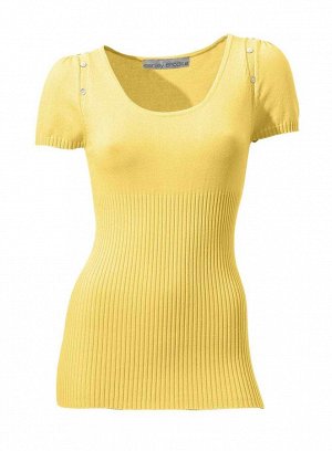 1к Ashley Brooke  Пуловер, желтый  Модная классика по-новому. Эффектный пуловер с красивыми деталями. Драпировки и декоративные перламутровые пуговицы на коротких рукавах. Большой круглый вырез с широ