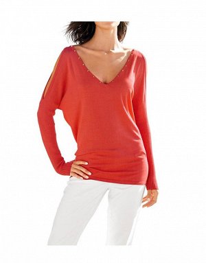 1к Heine  Пуловер, оранжевый  Соблазнительный трикотаж! Красивые детали подчеркивают женственный стиль. Обрамляющий фигуру пуловер с золотистыми клепками вдоль большого треугольного выреза. Рукава под