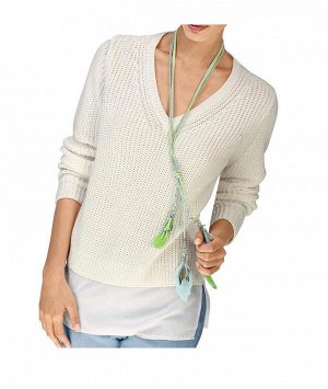 1к ALBA MODA  Пуловер, белый  Изысканный стиль в центре внимания. Привлекательный пуловер с треугольным вырезом, трикотажными краями и длинными рукавами. Полочка и спинка грубоватой вязкой. Шифоновая 