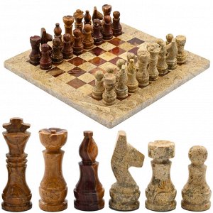 Шахматы из ракушечника с коричневым ониксом 250*250мм.