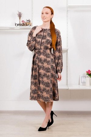 Платье. Цвет: бежевый чёрный с рисунком