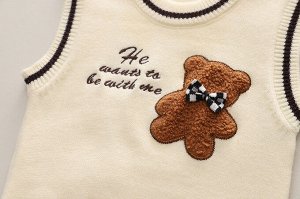 Детский комплект: рубашка + жилет + джинсы, принт "медведи", цвет белый/коричневый/синий