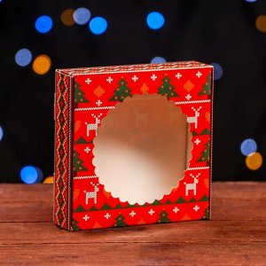 Подарочная коробка сборная с окном "Новогодний орнамент", 11,5х11,5х3см