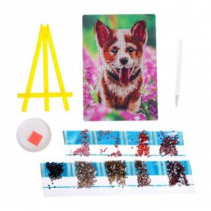 Алмазная мозаика с частичным заполнением на подставке «Собака в цветах» 13х19 см