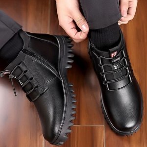 Мужские зимние кожаные ботинки, нескользящие, черный