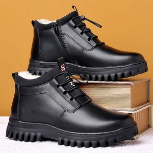 Мужские зимние кожаные ботинки, нескользящие, черный