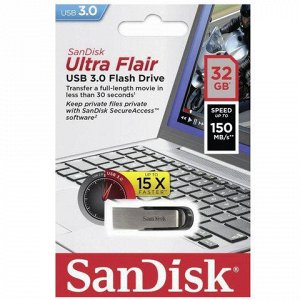 Флэш-диск 32 GB, SANDISK Ultra Flair, USB 3.0, металлический корпус, серебристый/черный, SDCZ73-032G-G46