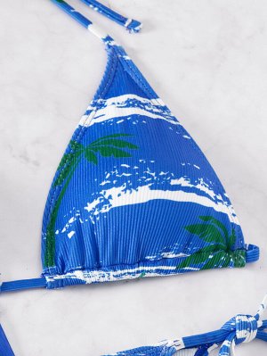 Женский купальный комплект: лиф + трусы + накидка, принт "пальмы", цвет синий