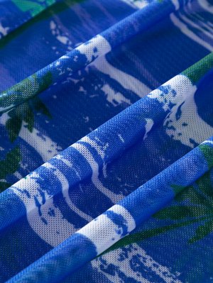 Женский купальный комплект: лиф + трусы + накидка, принт "пальмы", цвет синий
