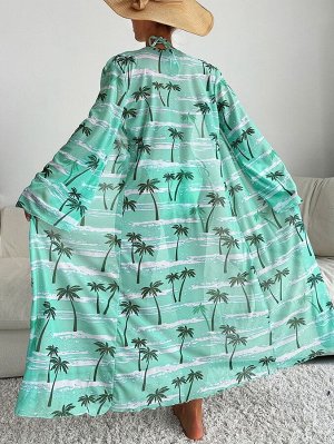 Женский купальный комплект: лиф + трусы + накидка, принт "пальмы", цвет зеленый