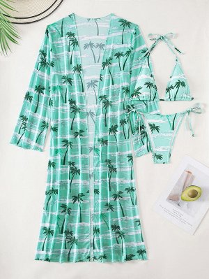 Женский купальный комплект: лиф + трусы + накидка, принт "пальмы", цвет зеленый