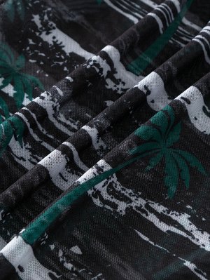 Женский купальный комплект: лиф + трусы + накидка, принт "пальмы", цвет черный