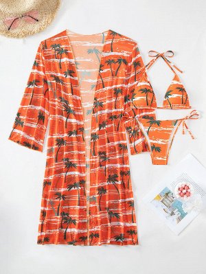 Женский купальный комплект: лиф + трусы + накидка, принт "пальмы", цвет оранжевый