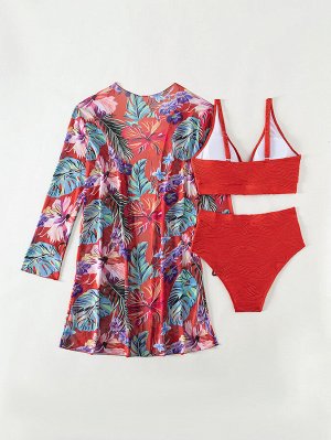 Женский купальный комплект: лиф + трусы + накидка, цвет красный