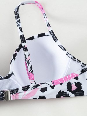 Женский купальный комплект: лиф + шорты + накидка, с принтом, цвет белый/розовый