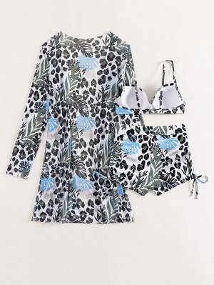 Женский купальный комплект: лиф + шорты + накидка, с принтом, цвет белый/черный/голубой