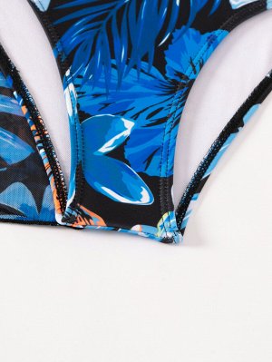 Женский купальный комплект: лиф + трусы + накидка, с принтом, цвет синий